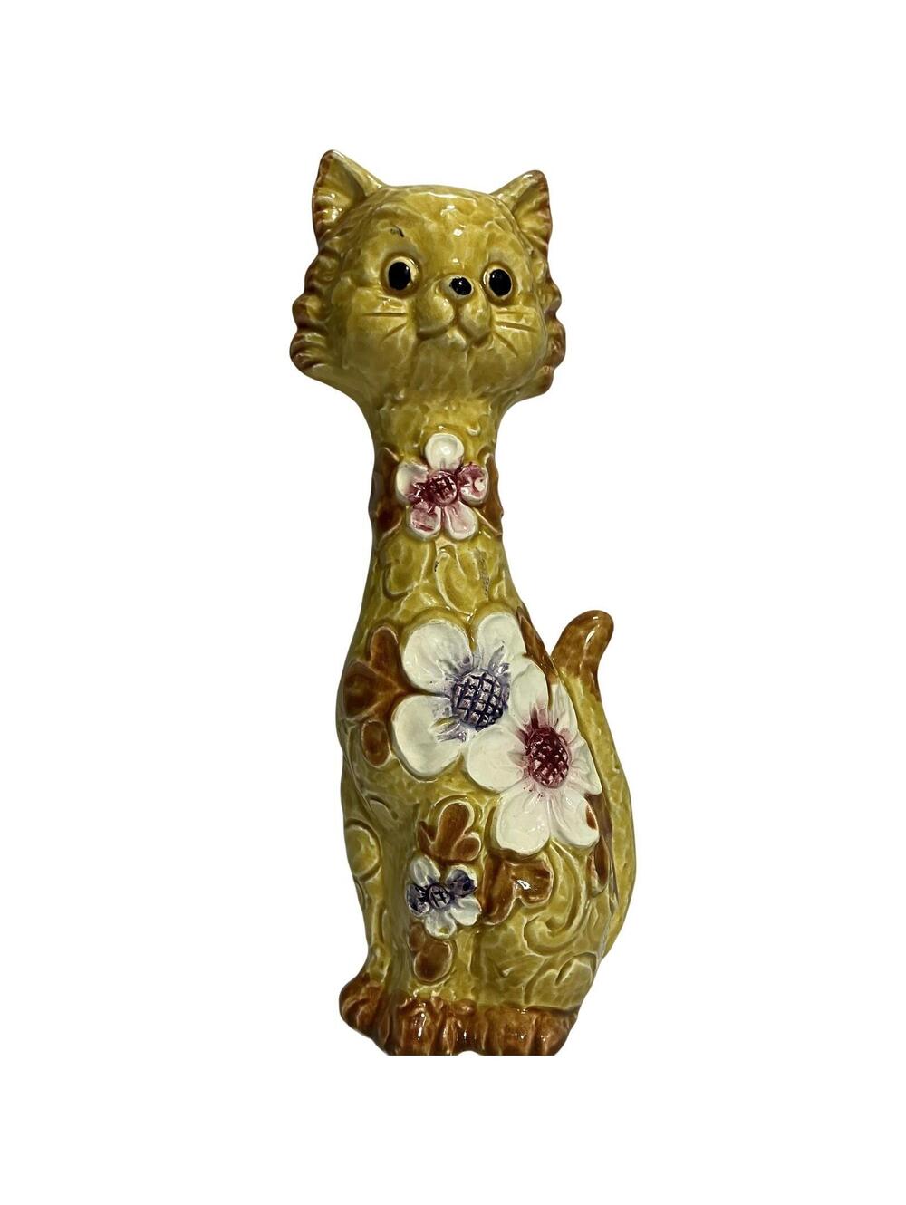 Vintage Tilso Porcelain Cat Figurine Floral Yellow Made In Japan 60s Decor